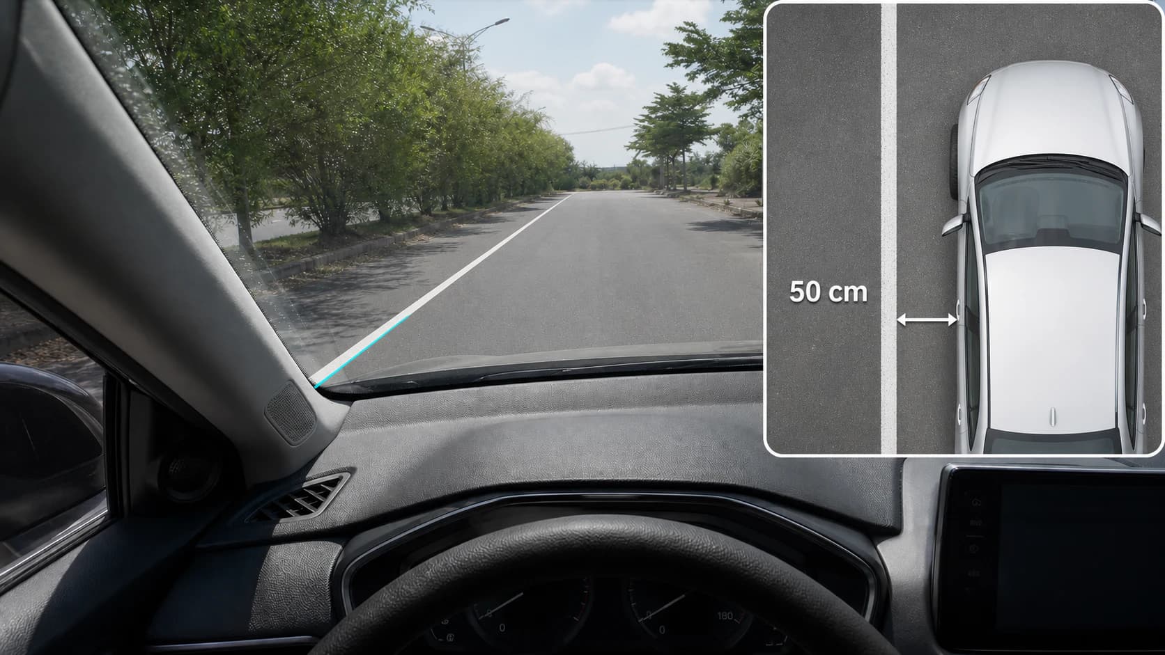 Góc trong ở chân cột A bên trái trùng vạch kẻ đường và hình nhìn từ trên cho thấy bánh trái cách vạch 50 cm