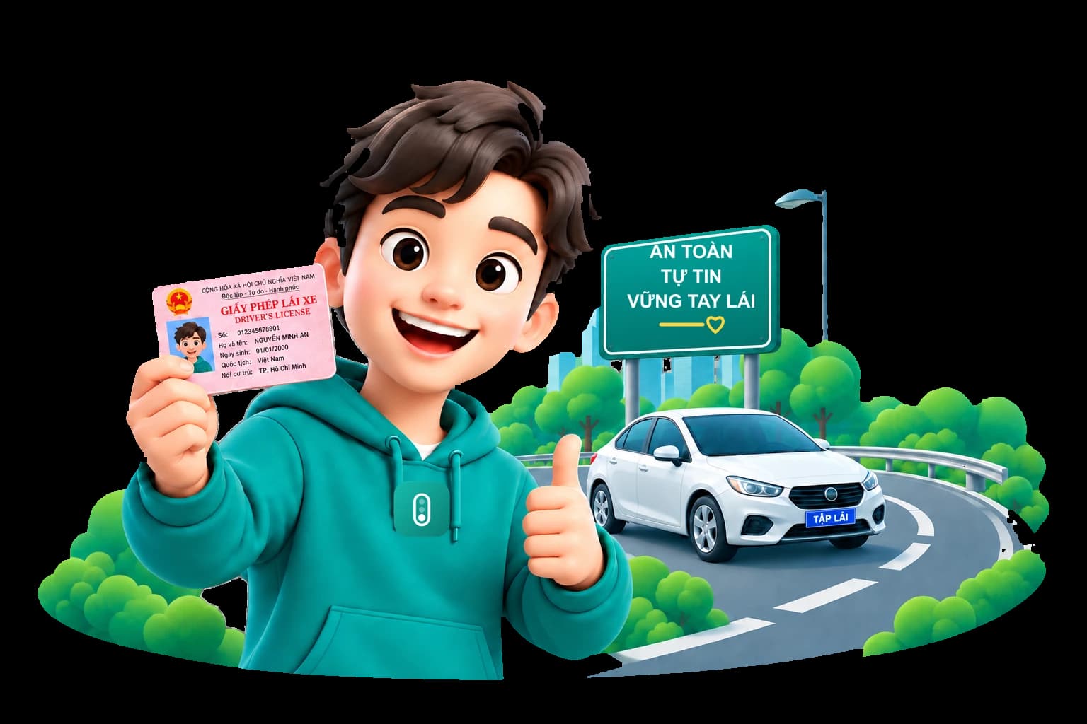 Học viên cầm giấy phép lái xe bên đường giao thông
