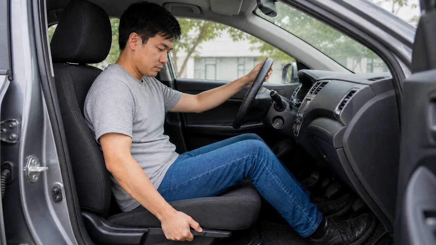 Người lái kéo cần để điều chỉnh ghế trước khi khởi động xe