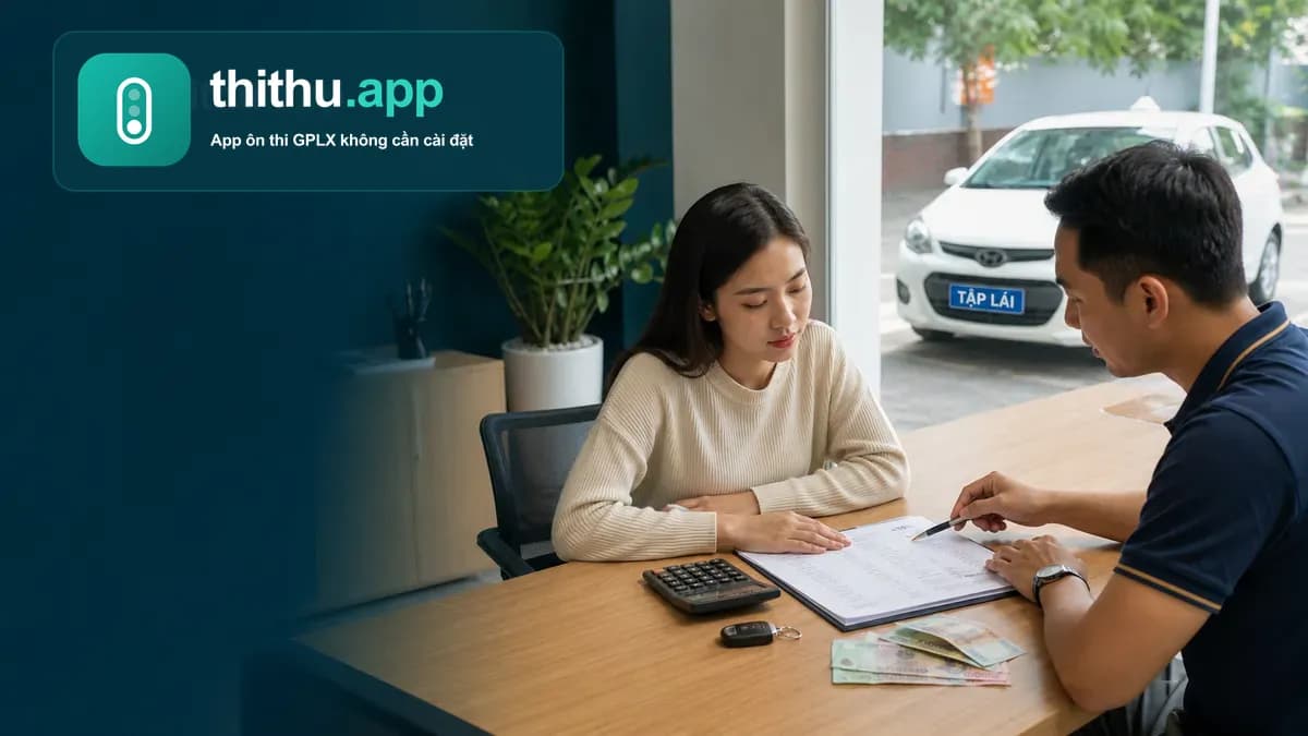 Học viên xem bảng chi phí học bằng lái ô tô cùng tư vấn viên tại trung tâm đào tạo